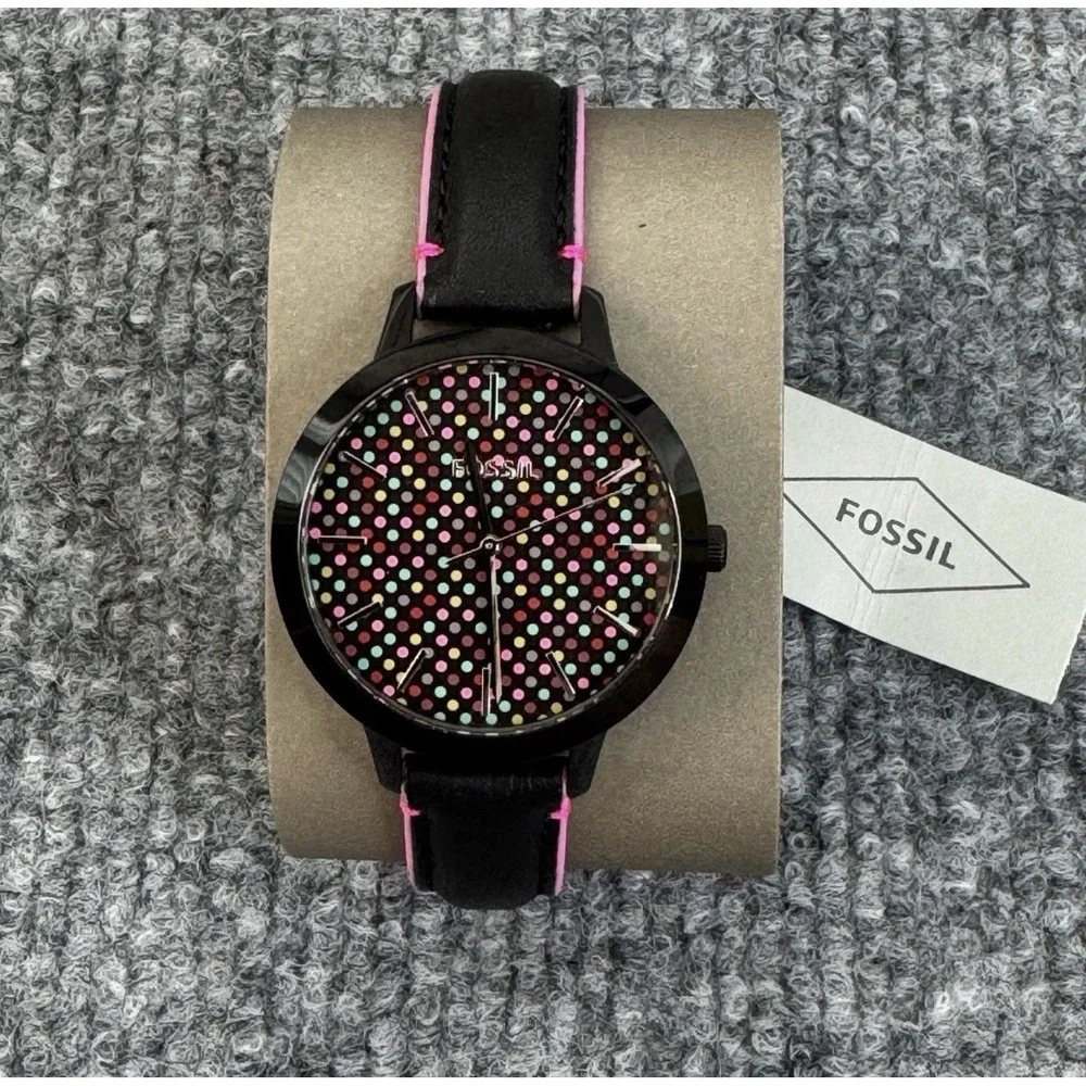 Fossil Watch BQ3151 Polka Dot Black Dial Black Leather Strap Women's UNTESTED